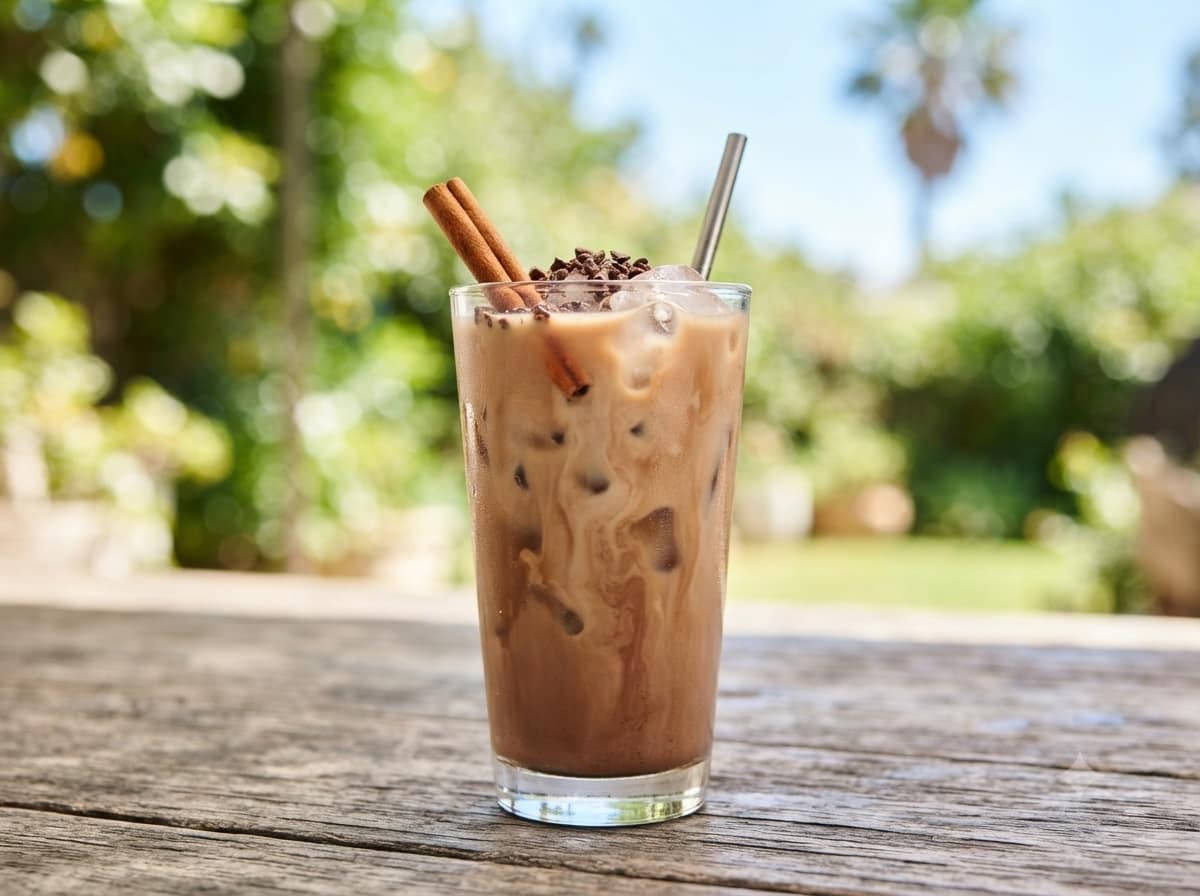 Glas mit Formula 1 Dubai-style Schokolade Shake, garniert mit Kakaopulver und Zimtstange, daneben eine Dose des Shakes